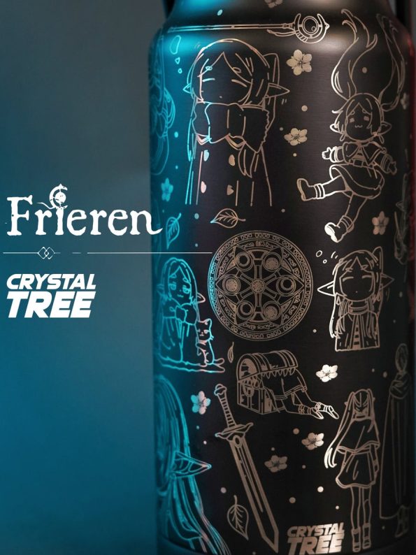 Close-up of a thermal bottle covered in laser-engraved line art