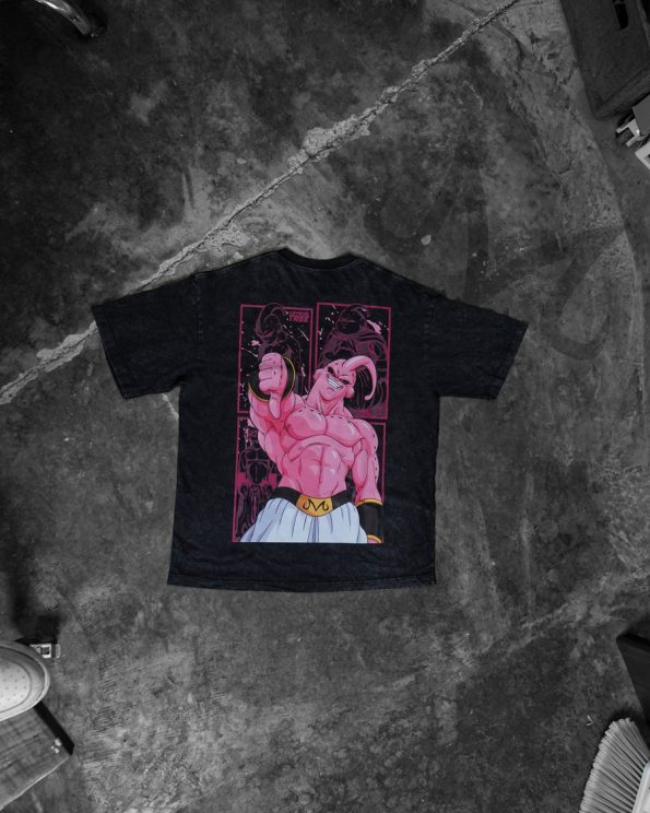 Printed shirt laid flat on a concrete surface